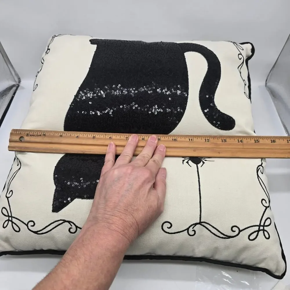 Black Cat & Spider Sequin Throw Pillow Halloween Décor Embroidered 15